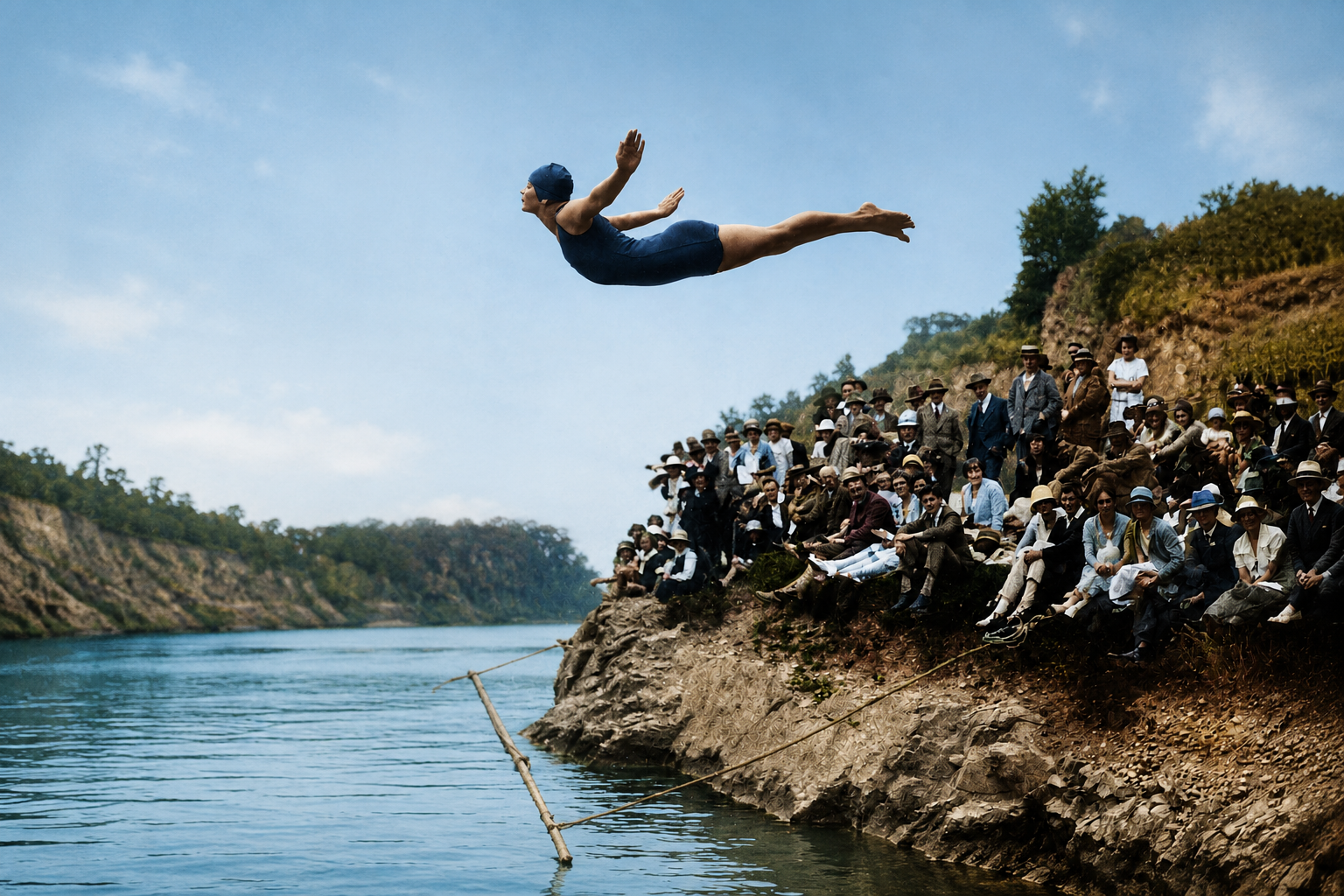 Diver at lake in 1920 resampled by AI